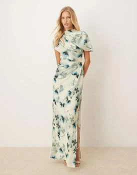 ASOS DESIGN high neck drape bodice cape maxi dress in green floral print