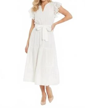 Belted Eyelet Sleeve Tiered Dress In Brilliant White