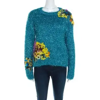 Dolce & Gabbana | Dolce & Gabbana Metallic Blue Tinsel Rib Knit Floral Applique Sweater S