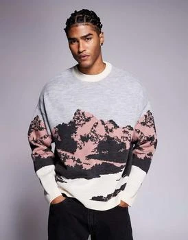 ASOS DESIGN oversized knitted jumper with mountain graphic in beige