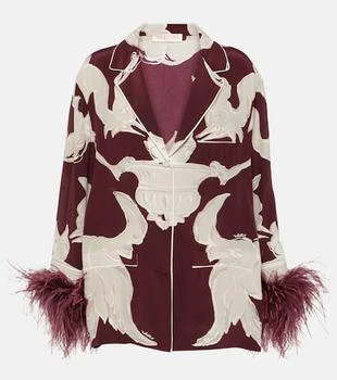 Valentino | Printed feather-trimmed silk crêpe de chine blouse
