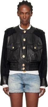 Balmain | Black Tweed & Leather Bomber Jacket
