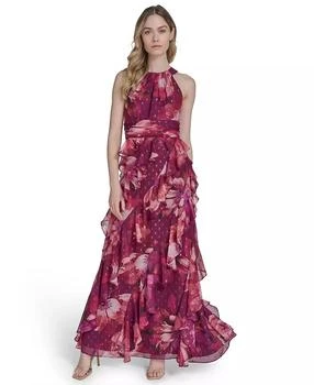 Petite Printed Chiffon Ruffled-Skirt Halter Gown