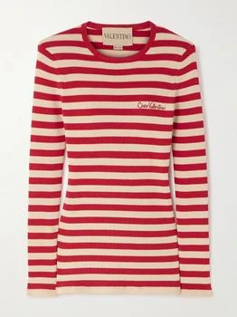 Valentino | Embroidered Striped Ribbed-knit Cotton Sweater