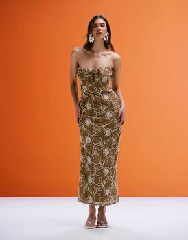 ASOS DESIGN crochet bandeau twist midi dress with floral embroidery in beige