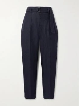 Brunello Cucinelli | Belted Cropped Belted Linen-twill Tapered Pants - Navy - IT44