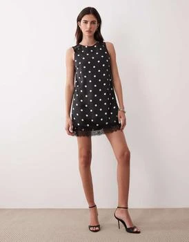 Nobody's Child Sasha satin lace trim sleeveless shift mini dress in mono polka dot