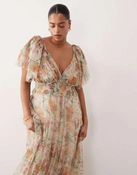 Lace & Beads Plus tulle maxi dress in beige floral