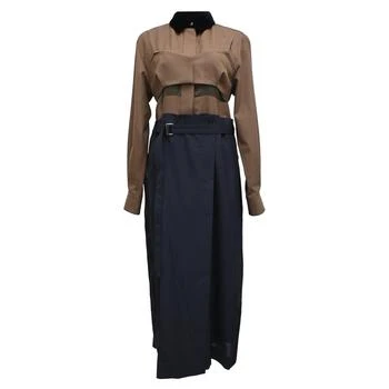 Sacai | Long Sleeve Two-Piece Set Accent Midi Dress in Brown and Navy Blue Polyester