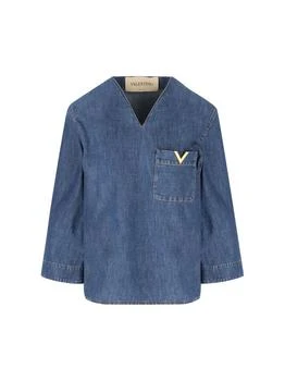 Valentino | Valentino Logo Plaque V-Neck Denim Blouse