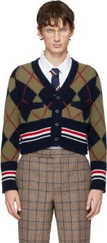 Thom Browne | Khaki 
Navy Merino Argyle Intarsia V Neck Cardigan