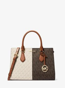 Sheila Medium Two-Tone Metallic Signature Logo Satchel