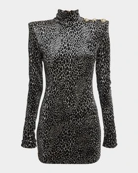 Balmain | Leopard Velvet Button Strong-Shoulder Mini Dress