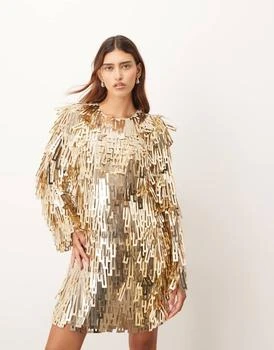 ARRANGE embellished shard sequin long sleeve mini dress in gold