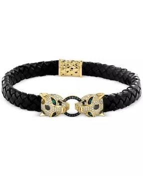 Effy | EFFY® White Diamond & Black Diamond (7/8 ct. t.w.) & Emerald (1/20 ct. t.w.) Panther Head Leather Bracelet in 14k Gold