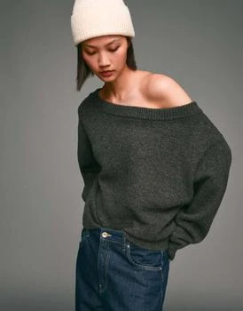 Bershka Ribbed bardot neck sweater in grey