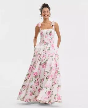 Juniors Floral Print Gown with Tie Straps and Skirt Pockets