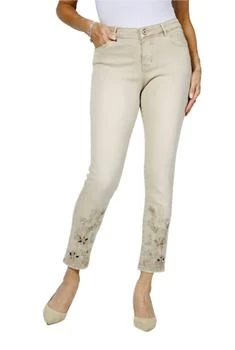 Rhinestone Embellished Hem Jeans In Beige