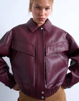 Topshop oversized faux leather bubble boxy zip through bomber jacket in burgundy