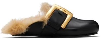 Balmain | Black Flat Leather 
Faux Fur Mule Loafers