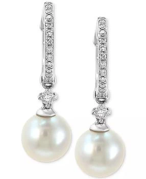 Effy | EFFY® Cultured Freshwater Pearl (7mm) & Diamond (1/6 ct. t.w.) Hoop Drop Earrings in 14k White Gold
