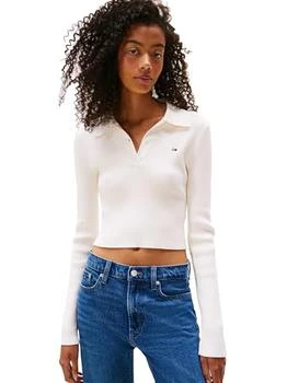 Tommy Hilfiger Tommy Jeans Women's Medium Weight Long Sleeve Sweater Polo with Embroidered Flag Logo