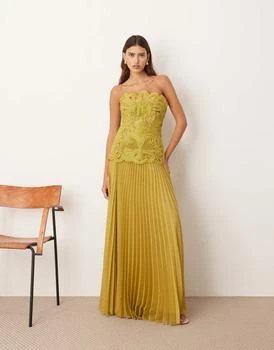 ARRANGE abstract cut work bandeau maxi dress with pleat skirt in olive green