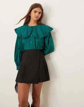 ASOS DESIGN shirt with oversized frill collar in green & black stripe