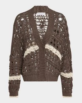 Brunello Cucinelli | Stripe Cotton-Jute Open Knit V-Neck Cardigan