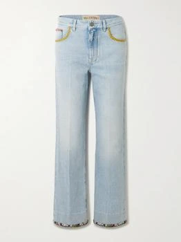 Valentino | Embellished Printed Chiffon-trimmed Mid-rise Straight-leg Jeans - Light denim