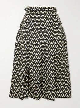 Valentino | 配腰带褶裥印花真丝斜纹布中长半身裙  - IT36