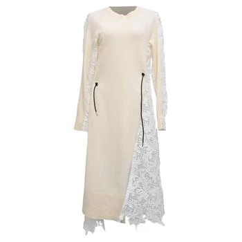 Sacai | Knitted Lace Accent Long Sleeve Midi Sweater Dress in Cream Wool