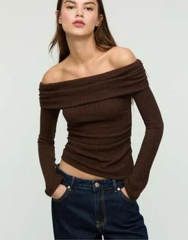 Stradivarius Off-the-shoulder gathered knit top in brown