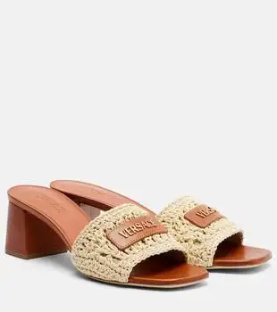 Versace | Logo raffia and leather mules