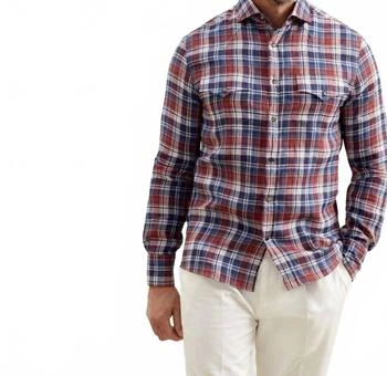 Brunello Cucinelli | Bicolor Linen Pattern Shirt In Ginger/ Blue