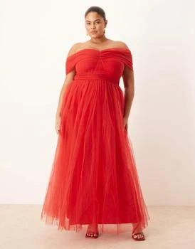 Lace & Beads Plus off shoulder maxi tulle dress in red
