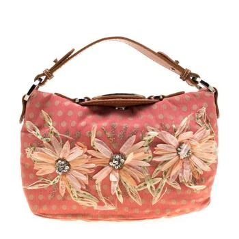 Valentino | Valentino Coral/Brown Polka Dots Canvas and Leather Flower Embellished Tote