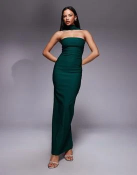 Vesper bengaline bandeau choker detail back button detail maxi dress in forest green