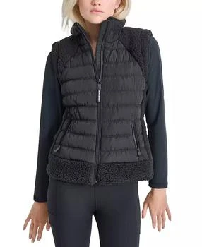 DKNY Women's Horizontal Channel Quilted Mock Neck Puffer Vest with Sherpa