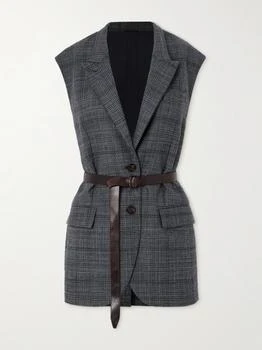 Brunello Cucinelli | Bead-embellished Leather-trimmed Belted Prince Of Wales Checked Wool Vest  - IT38