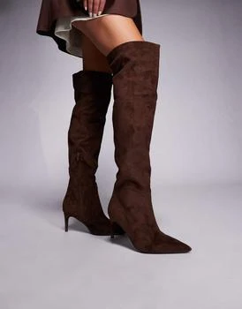 Public Desire Ellen Wide Fit pointed toe heeled knee boots in brown