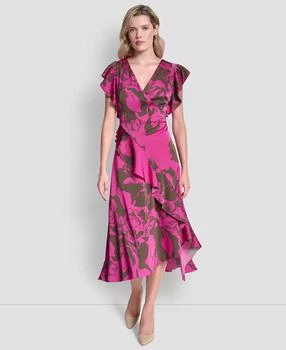 Women's Cap-Sleeve Surplice Neck Ruffle Midi Dress