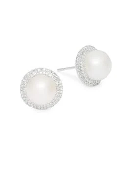 Effy | 14K White Gold, 6mm White Freshwater Pearl and Diamond Stud Earrings