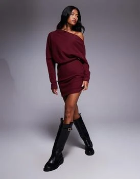 ASOS DESIGN supersoft long sleeve fallen shoulder mini dress in mulberry
