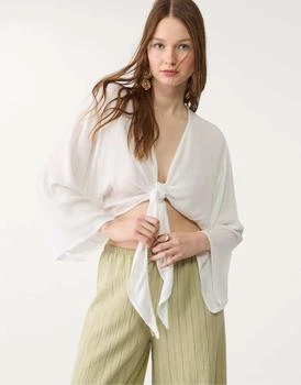 Stradivarius Stradivarius cropped tie front blouse in white