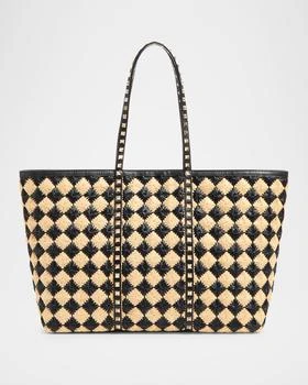 Valentino | Rockstud Embroidered Raffia Shopping Tote Bag