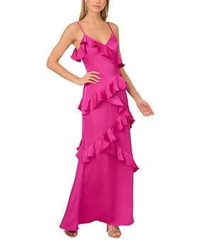 Stretch Satin Ruffle Long Dress