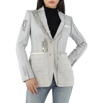 Burberry | Grey Melange Technical Linen Blazer with Crystal Embroidery, Brand Size 6 (US Size 4)