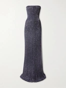 Strapless Sequin-embellished Metallic Ribbed-knit Gown - Navy