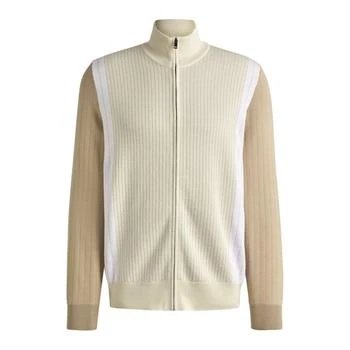 Zip-up cotton cardigan with knitted pinstripes